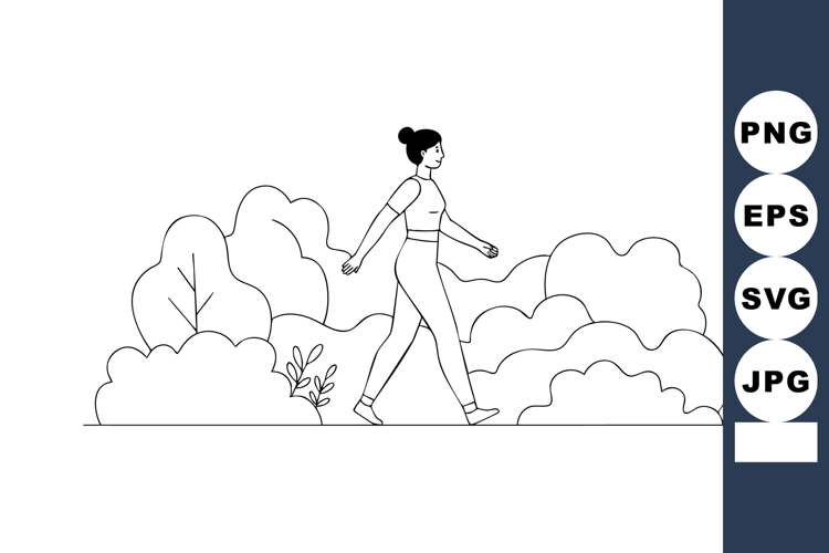 Woman Walking Outdoors Among Bushes Minimalist Line Art Vect
