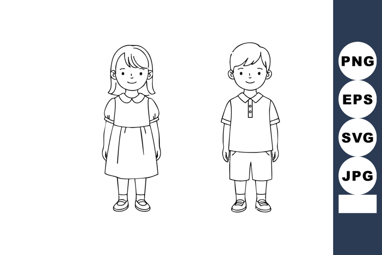 Children Boy and Girl Standing Simple Line Art Vector Illust