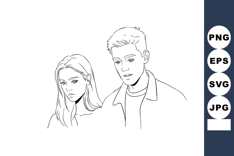 Young couple portrait line art drawing with thoughtful expre