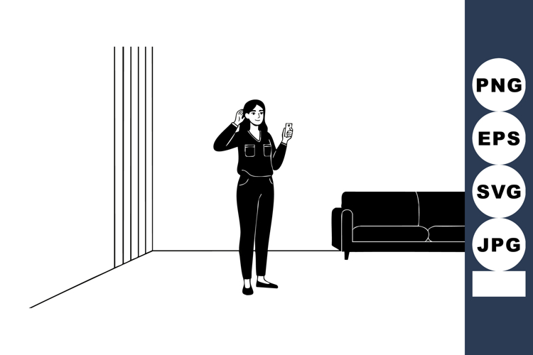 Woman in black outfit standing in minimalist room with sofa