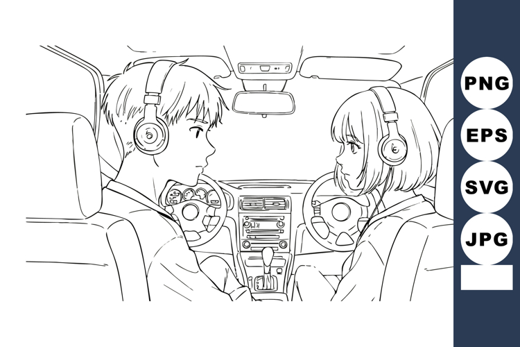 Young couple in car listening to music with headphones vecto