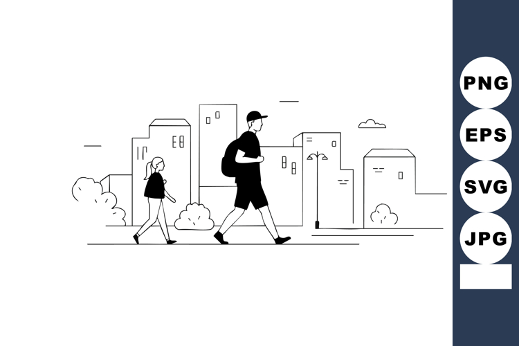 Minimalist vector illustration of man and woman walking in u