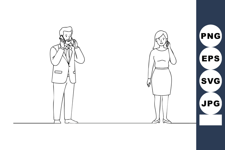 Businessman and businesswoman talking on phones in minimal l