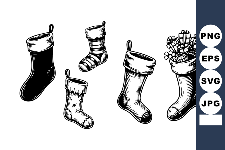 Christmas stockings set with gifts and decorations black and