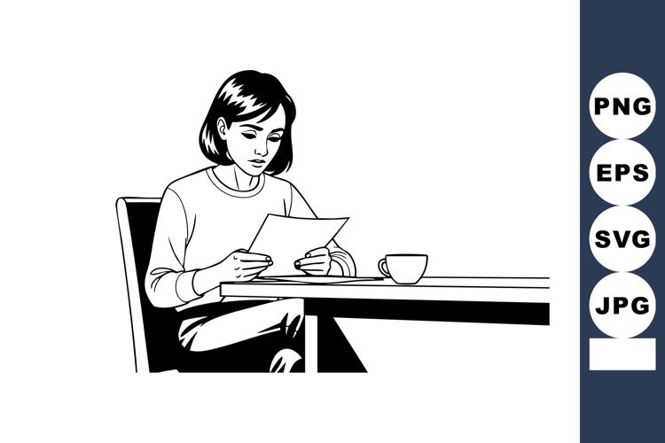 Woman reading letter at table with cup in simple black and w