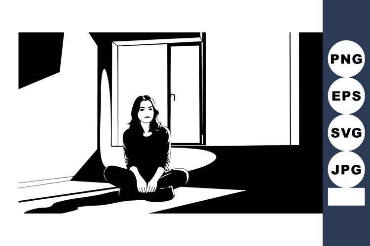 Woman sitting on floor in minimalist black and white room in