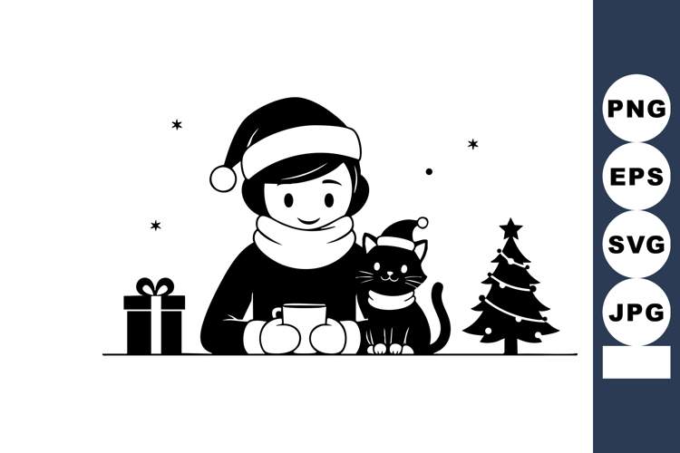 Child with cat in Santa hats by Christmas tree with gift box