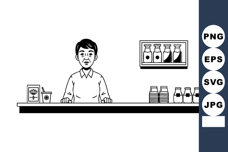 Man standing behind counter with bottles and cups simple bla