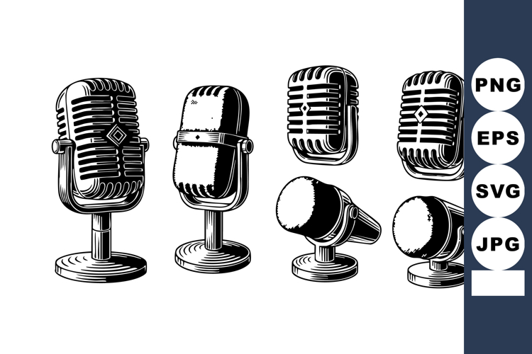 Vintage microphone set black and white retro style detailed