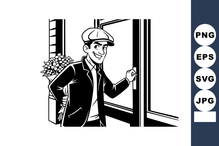 Young man holding flowers behind back entering door black an