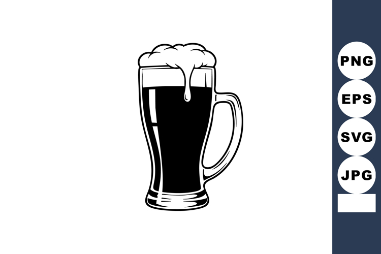 Dark beer mug with foam vector illustration in black and whi