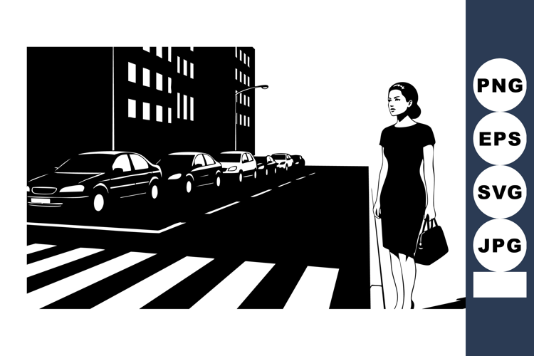Woman standing near crosswalk on city street with cars in bl
