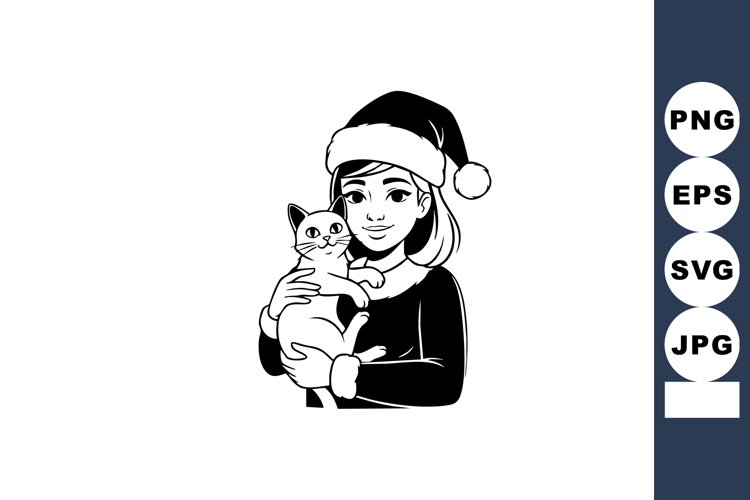Girl in Santa hat holding cat black and white vector illustr