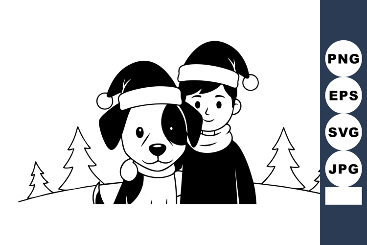 Boy and dog wearing Santa hats in winter landscape with fir example image 1