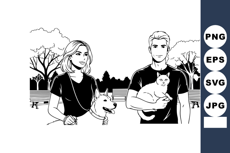 Young couple walking dog and holding cat in park with trees