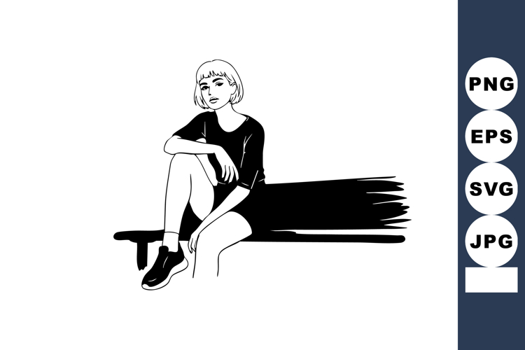 Young woman sitting on bench black and white vector illustra