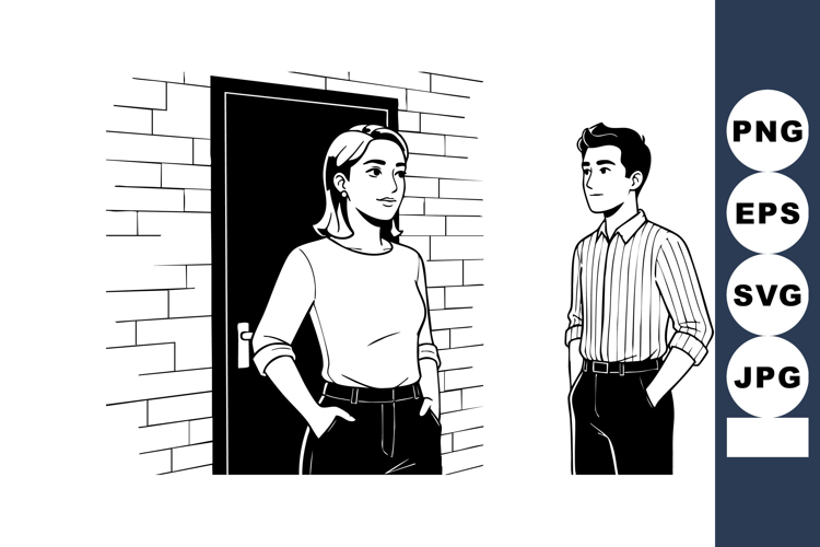 Young man and woman talking near doorway casual conversation
