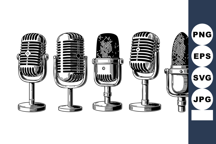 Vintage microphone collection set with detailed engraving ve