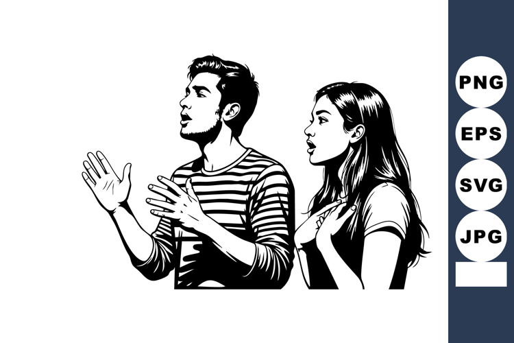 Young man and woman discussing together in black and white v