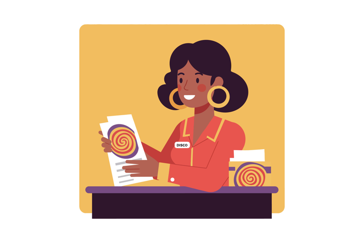 Friendly woman at a colorful counter showcasing products in