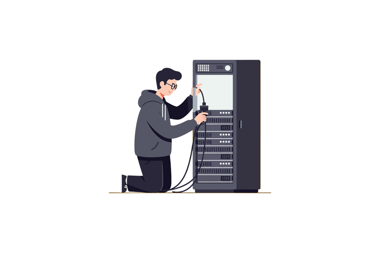 Technician in a hoodie working on a server rack in a minimal