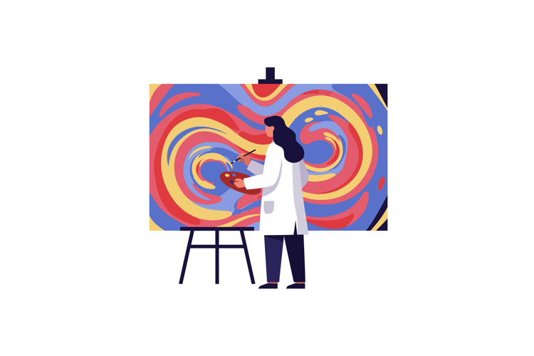 Artist in a white coat painting vibrant swirls on canvas in