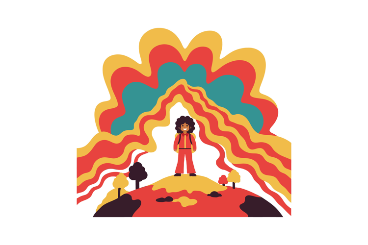A cheerful adventurer standing on a colorful hill with vibra