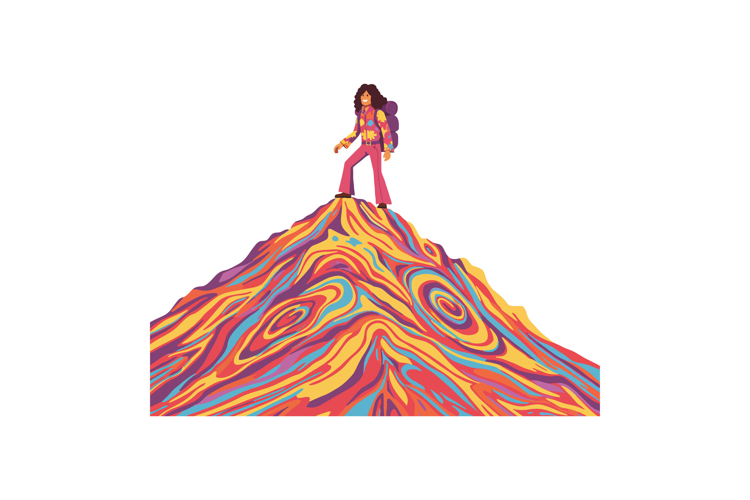 A person standing triumphantly on a colorful mountain in a f