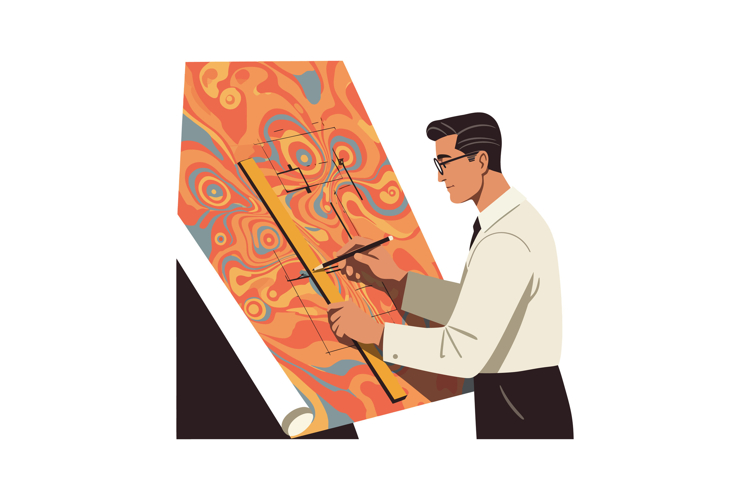 A man focused on drafting a colorful design in a flat and mo
