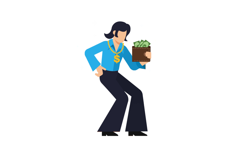 A confident man holding a wallet filled with cash in a flat