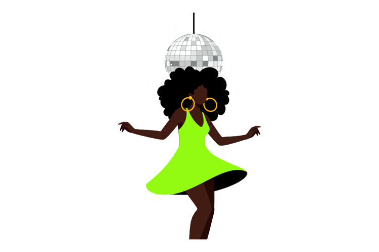 Dancing woman with curly hair in a bright green dress, minim