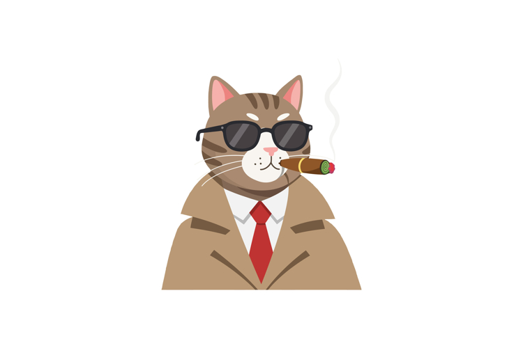 Cat wearing sunglasses and a trench coat with a cigar in its