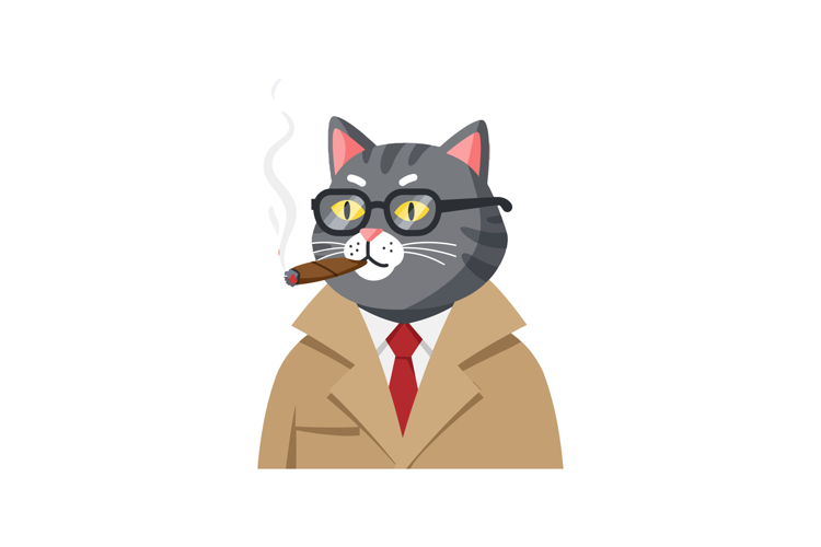A sophisticated cat wearing glasses and a trench coat, smoki