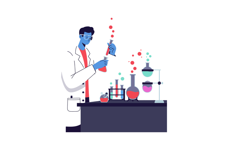 Scientist conducting experiments with colorful liquids in a