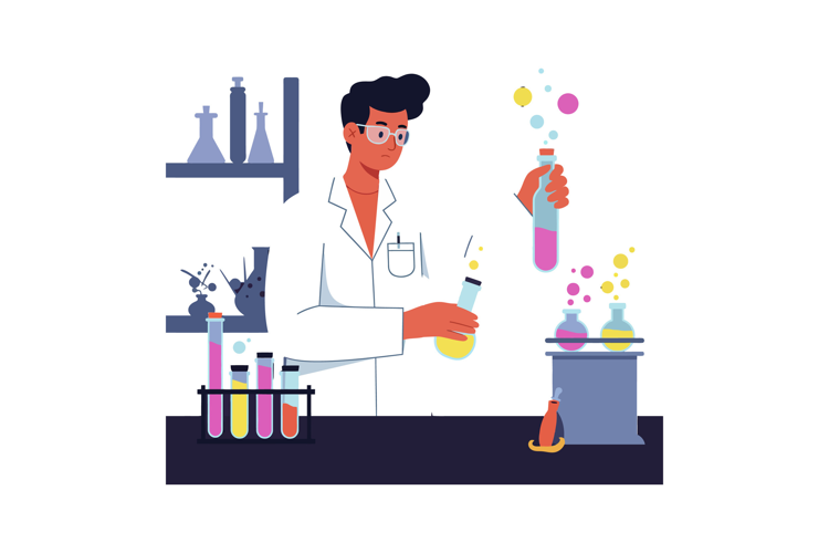 Scientist in a lab mixing colorful liquids in glassware, fla