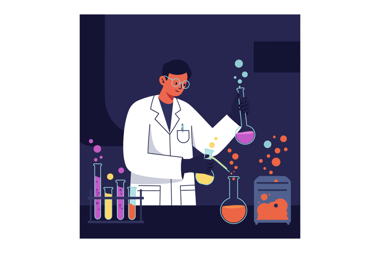 Scientist conducting experiments with colorful liquids in a