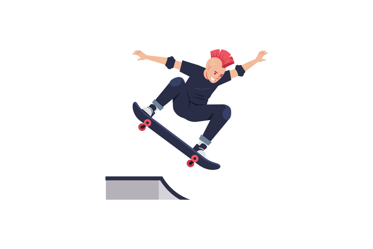 A young skateboarder performing a dynamic trick in a minimal