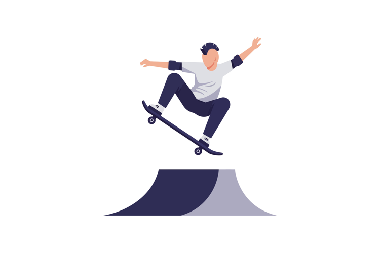 Skateboarder performing a jump on a ramp in flat vector art