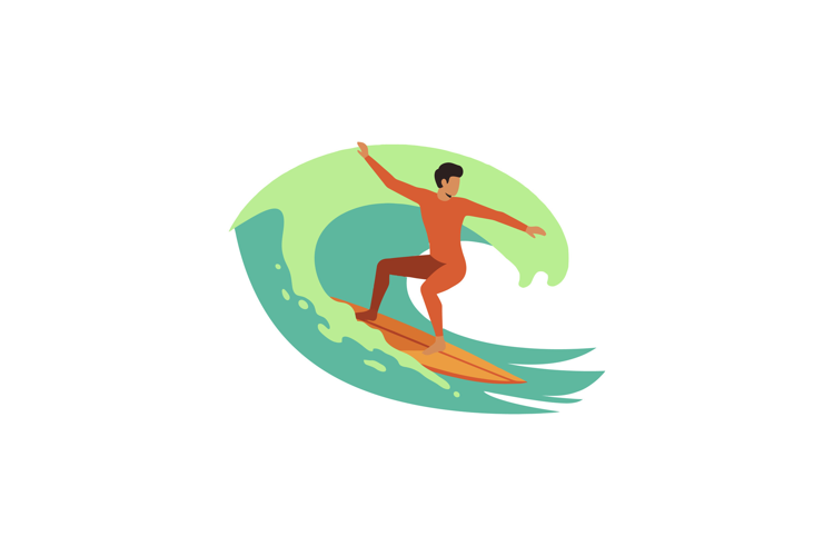 Surfer riding a vibrant green wave in a dynamic flat vector