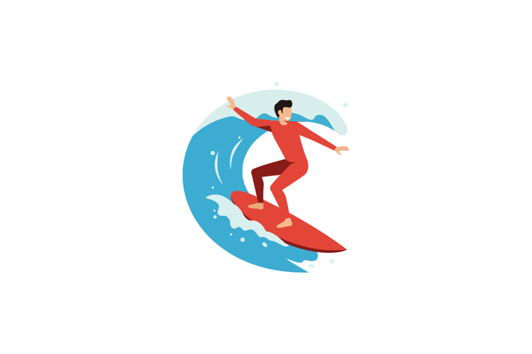 Surfer riding a vibrant wave in a dynamic pose with flat vec
