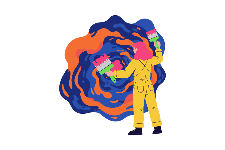 A creative artist painting a colorful swirl with paintbrushe