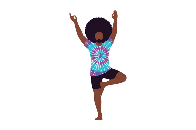 A person practicing yoga in a vibrant tie-dye shirt, engagin