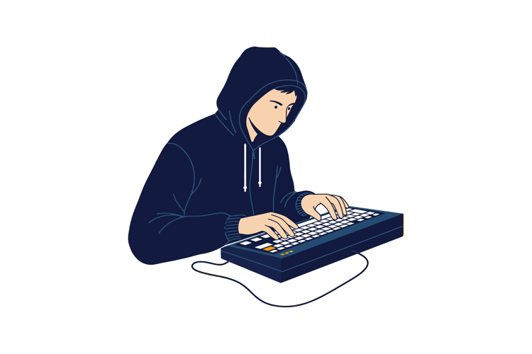 Young man in hoodie focused on typing at keyboard in flat ve