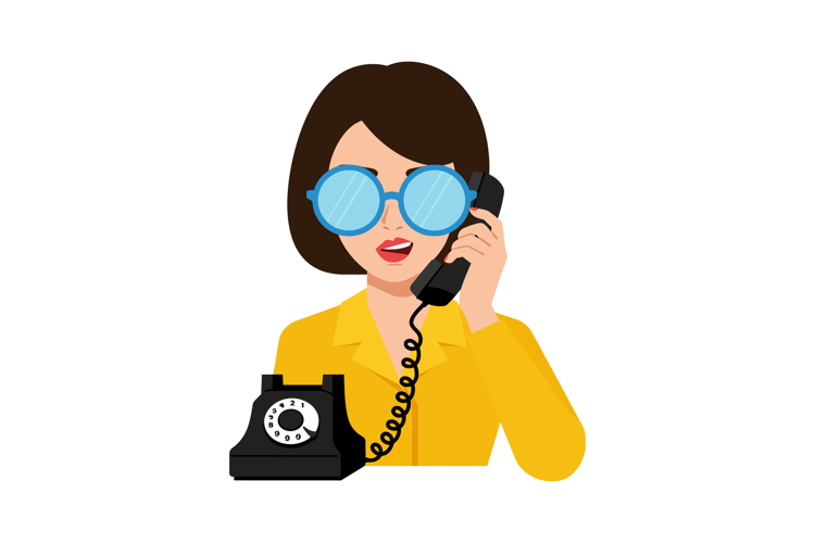 A woman with stylish glasses talking on a vintage telephone