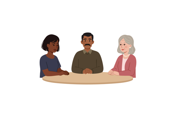 Diverse people sitting at round table in discussion with cal