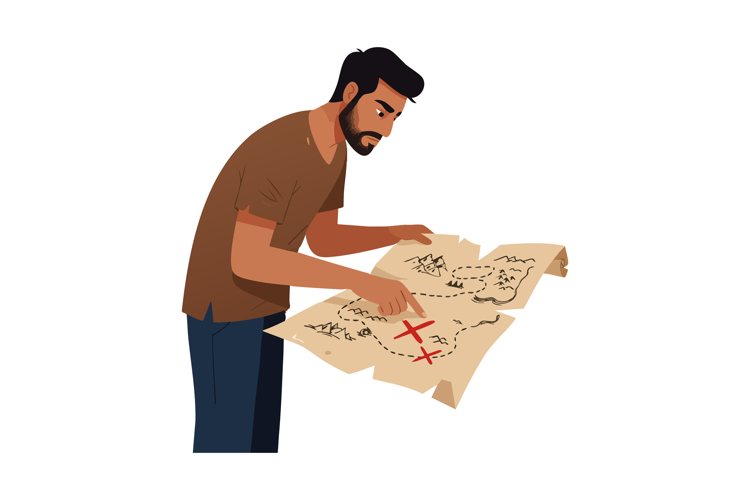 Man studying treasure map with red crosses and dotted path v