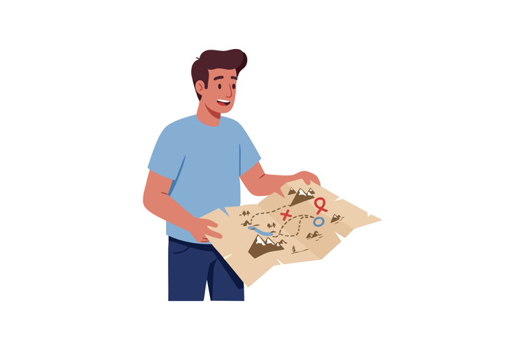 Man Exploring Adventure Map with Mountains and Markers Vecto