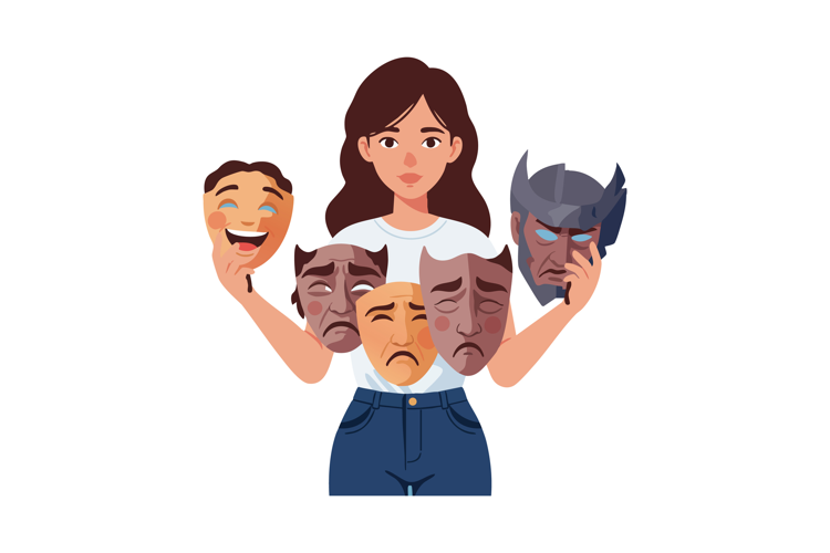 Woman holding multiple theatrical drama comedy tragedy masks