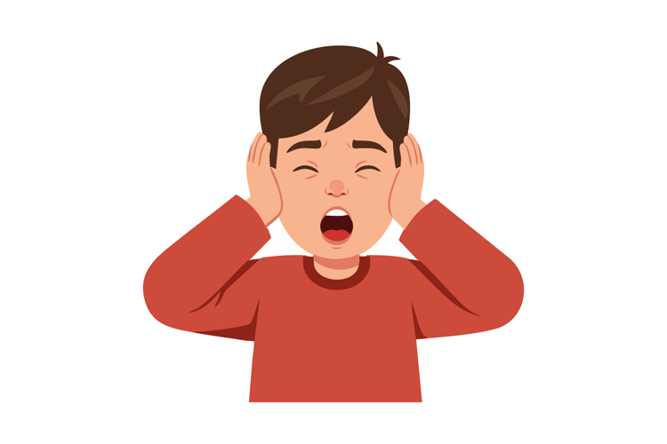 Boy covering ears in frustration or pain emotional expressio