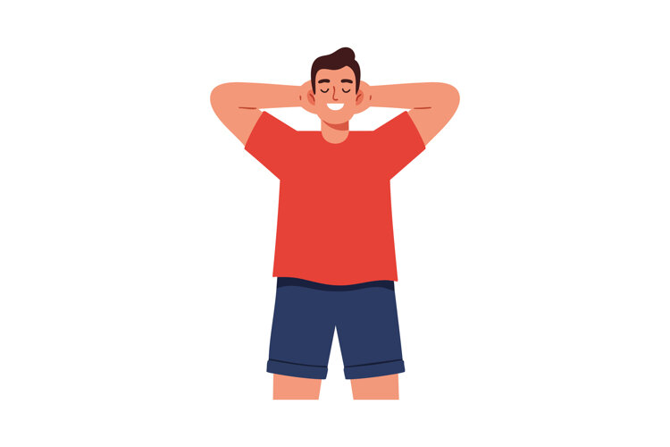 Relaxed man in red t-shirt and blue shorts with hands behind example image 1